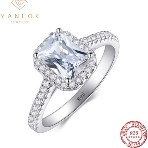 YANLOK 925 Sterling Silver Ring Wedding Promise Ring Luxury 1 Carat Oval Rectangle Cut Engagement Ring for Women Fine Jewelry
