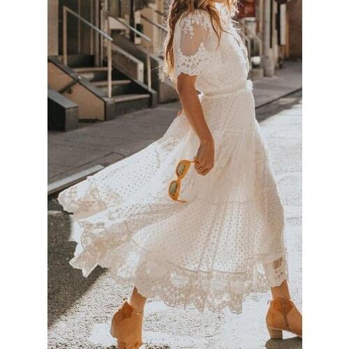 Lace Stitching Dress For Women Lady Short Sleeve Long Dress Elegant White Summer A Line Party Clothes