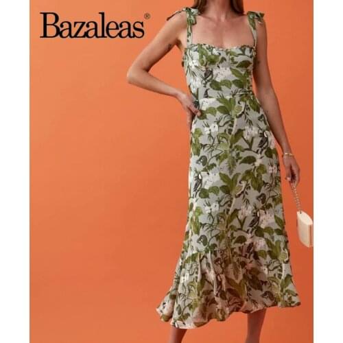 Bazaleas Holiday Green Floral Print Vestidos Adjust Spaghetti Straps Women Summer Dress Vintage Tank Girl Dress