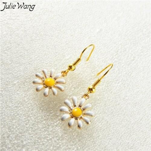Julie Wang 3pairs Wholesale Daisy Flower Shape With Gold Color Dangle Earrings Women Trendy Hanging Jewelry High Quality