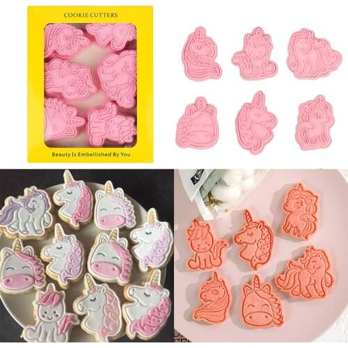 6pcs/set 3D Unicorn Cookie Cutters Cartoon Plastic Fondant Biscuit Mould Baking Tools Household Pressing Mold Kitchen Supplies
