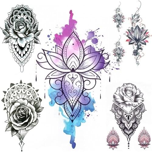 Watercolor Lotus Fake Temporary Tattoos For Women DIY Mandala Henna Rose Flower Tattoo Chest Hand Lace Waterproof Pendants Tatoo