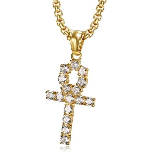 Zircon Ankh Cross Pendant Necklace Gold Silver Color Stainless Steel CZ Egyptian Key of Life Chain Hip Hop Jewelry Dropshipping
