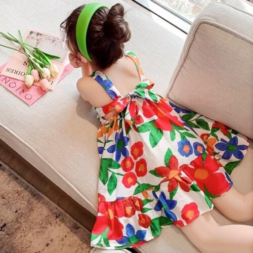 Summer New Fashion Girls leeveless Dresses Princess clothing Children Bow Sweet Print Dress