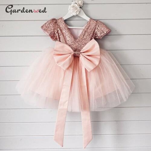 Sequin Flower Girl Dresses Short Sleeve Glitter Princess Dress Tulle Kids Communion Dresses Bow Net Girl Birthday Party Dress