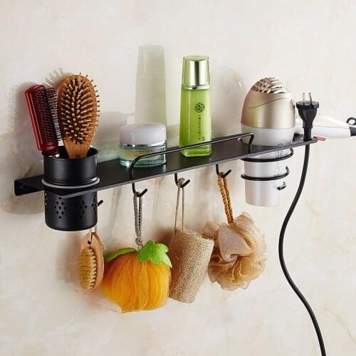 Hair dryer Holder Bathroom Shelf 304 Stainless Steel Wall Mounted Hair Dryer Rack With Cup and Hooks Bathroom Hardware Black