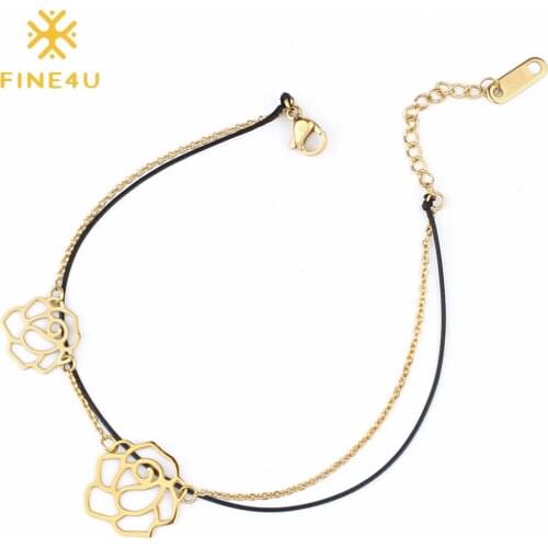 FINE4U B141 Simple Rope Chain Jewelry Double Layer Link Chain Bracelets Flowers Charms Bracelet For Women Girls Gifts