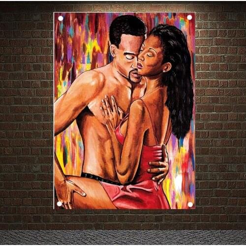 Intimate Black Couple Banners Flags Sexy Nude Art Poster Canvas Painting Tapestry Wall Hanging Living Room Bedroom Wall Decor