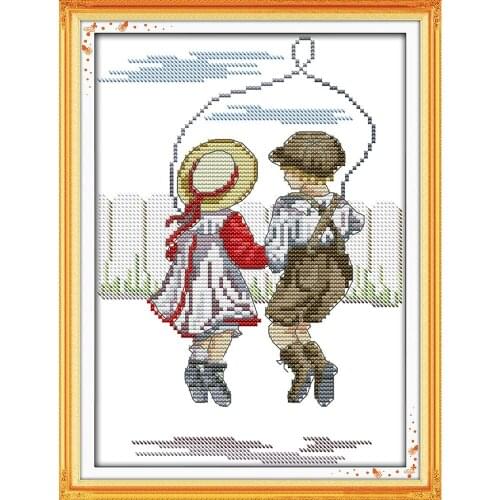 Joy Sunday Rope skipping-innocence Chinese Cross Stitch Kits Ecological Cotton Printed 11CT DIY Gift Wedding Decoration For Home