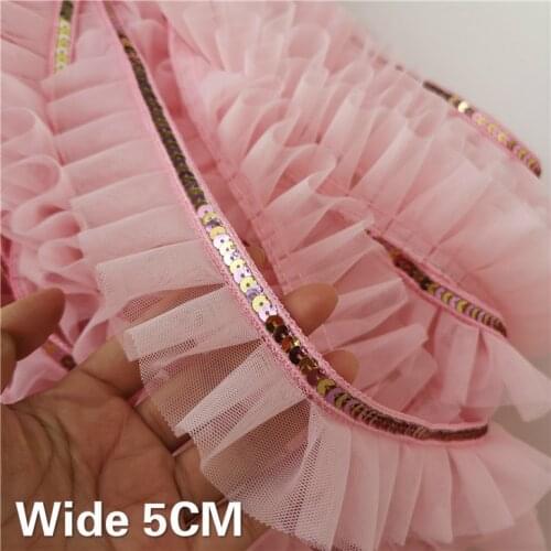 5CM Wide Pink Glitter Sequins Lace 3D Pleated Mesh Fabric Ribbon Ruffle Guipure Trim Dress Collar Headwear DIY Sewing Supplies