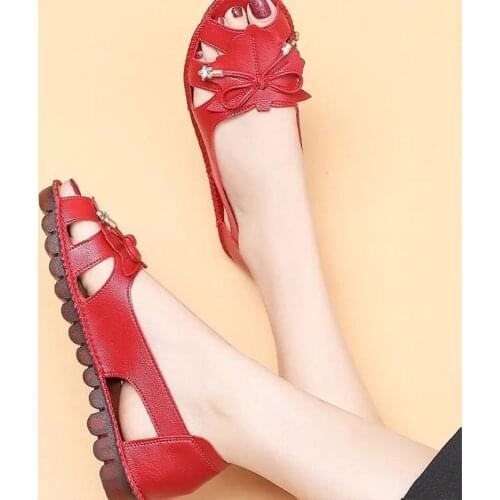 Leather Loafers Womens Summer Sweet Butterfly Comfort Ladies Shoes Peep Toe Breathable Flats Woman Moccasins Mother Walk Slides