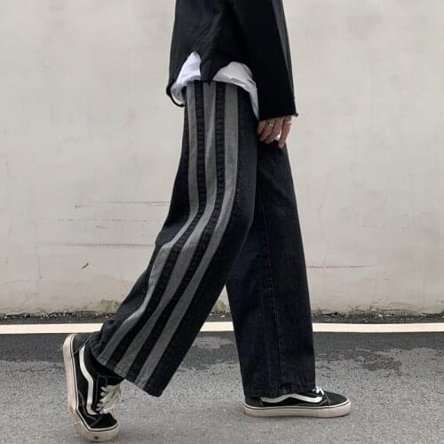 [Tide men and women] Autumn and winter street American retro thick stripes loose straight jeans wide leg pants trousers