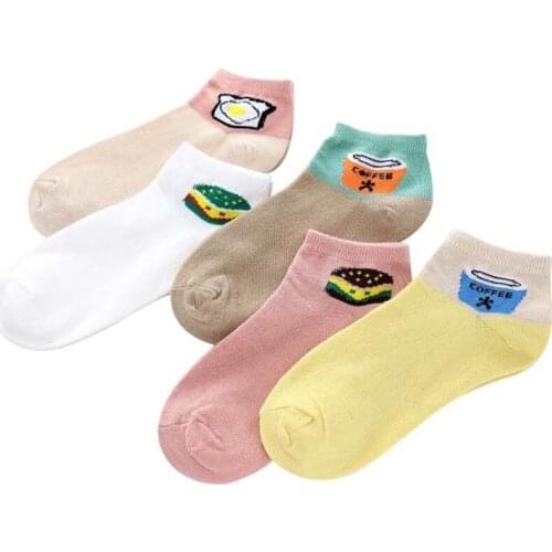 5 Pairs Japan Cartoon Print Womens Female Socks Cute Cotton Invisible Socks Casual Socks Slippers Kawaii egg Hamburgers Socks