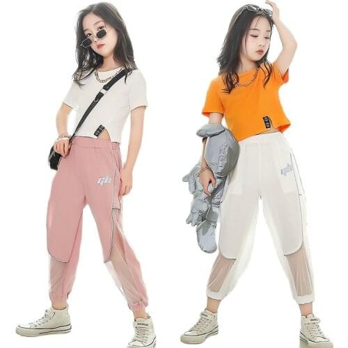 2021 New Children Short Sleeve T-shirt Sport Outfit Girl Fashion Net Yarn Track Pants Suit Kids Casual 2pcs Set Teen Tracksuit