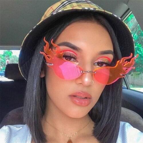 Fire Flame Sunglasses Luxury Fashion Women Rimless Wave Sun Glasses Metal Shades For Vintage Women Mirror Eyewear UV400