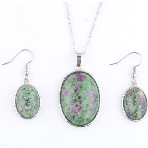 Wholesale 2 Sets/Lot Natural Stone Jewelry Set For Female Oval Zoisite Jaspers Beads Pendant Earrings Chain Necklace 45cm TQ3117