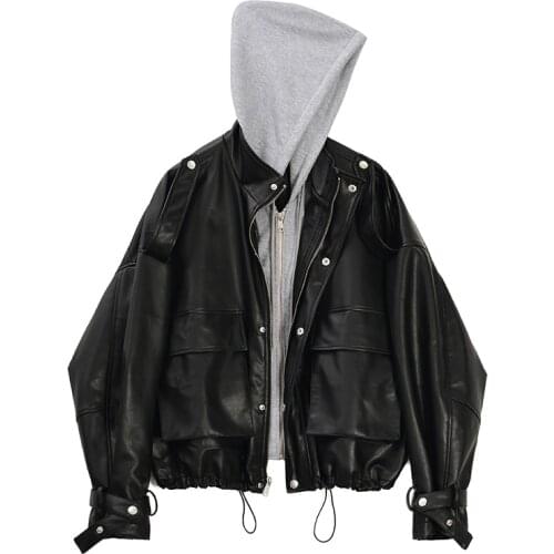 Autumn Oversized Women Black Pu Leather Jacket Loose Hooded Faux Soft Leather Jacket Lady Basic Casual Coat Plus Size Outerwear