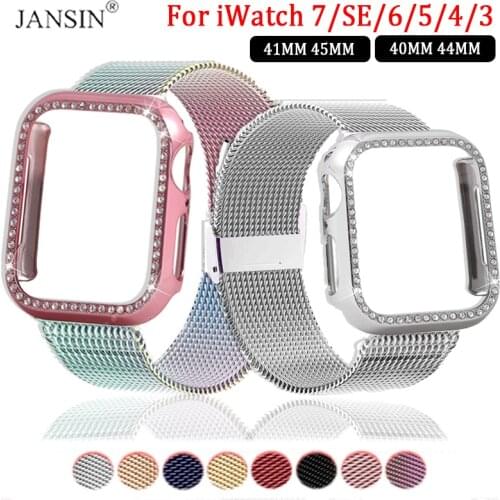 Milanese+Diamond Case For Apple Watch Band 42mm 38mm Stainless Steel Correa Loop Bracelet For Apple watch 40mm 44mm SE 6 5 4 3