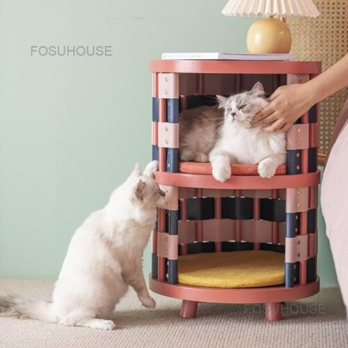 Pet Light Luxury Bedside Table Solid Wood Bedside Home Nightstands Bedroom Furniture Cat Nest People Cat Share Storage Cabinet