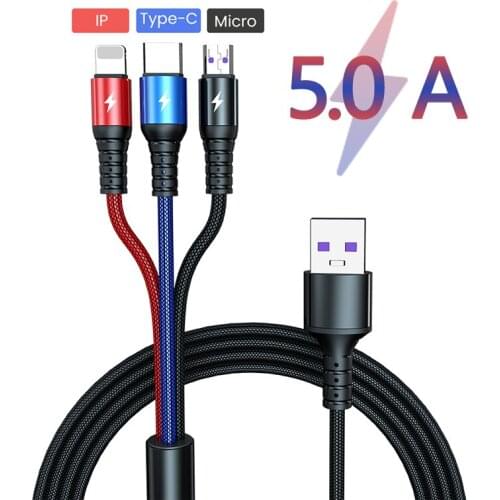 Super Charge 3 in 1 USB Cable for Huawei for iPhone 12 11 Pro Max 3in1 2in1 Fast Charge IOS Micro USB Type C Cable for Samsung