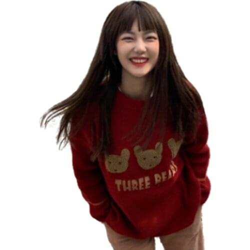 New Christmass Jersey 2020 Vintage O-Neck Bear Embroidery Long Sleeve Oversized Sweater All Match Winter Jumper Tide GD099