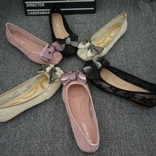 New 2021 Summer Lace Bow Breathable Net Shoes Casual Square Toe Flat Single Shoes Large Size Soft-soled Ballet Shoes Large Size