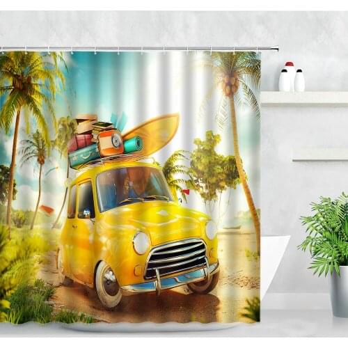 Waterproof Shower Curtain Set Yellow Car Coconut Tree Surfboard Tropical Landscape Plant Printing Fabric Bathroom Decor Curtains