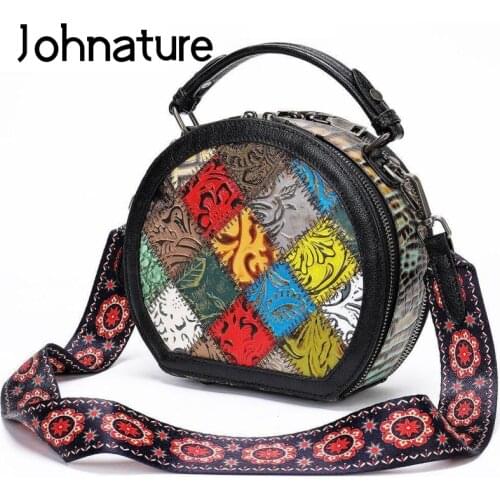 Johnature Vintage Nature Cow Leather Women Bag 2021 New Versatile Random Color Splicing Leisure Handbag Circular Shoulder Bags