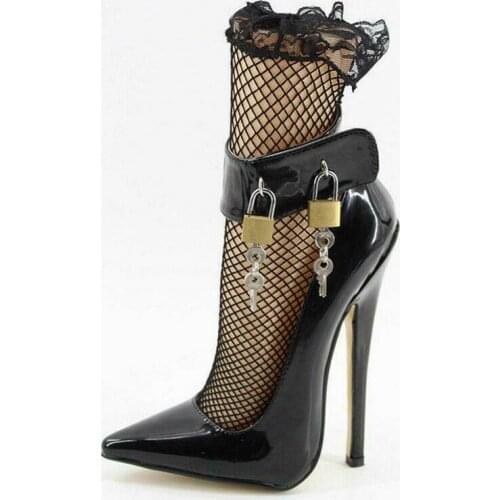 18CM Womens Pointed Toe Stilettos High Heels Sandals Lock Key Nightclub Pumps Shoes Patent Leather Plus Size 34-46