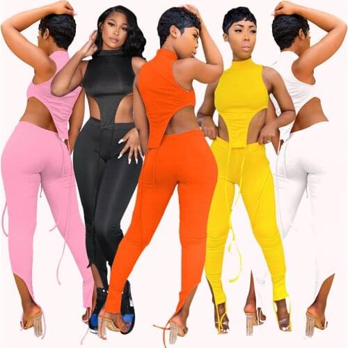 Sexy Bandage Straps Club Outfits Women Sleeveless Cut Out Two Piece Set Summer Turtleneck Crop Top and Long Pants Party Clubwear