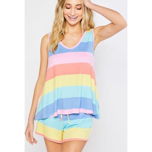 Womens Rainbow Stripes Short Sleeve Pajama Set Night Lounge Top Short Sleepwear Ladies Girls Plus Size Pajama Home Wear S-5XL