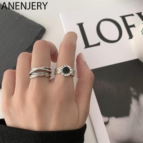 ANENJERY 925 Sterling Silver Hollow Winding Black Roman Numeral Rings for Women Open Finger Thai Silver Rings S-R981
