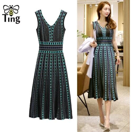 Tingfly Elegant Lady Knitting Summer Midi Dress Over Geometric Pattern V neck High Waist Knitted Summer Dress Casual Party Dress