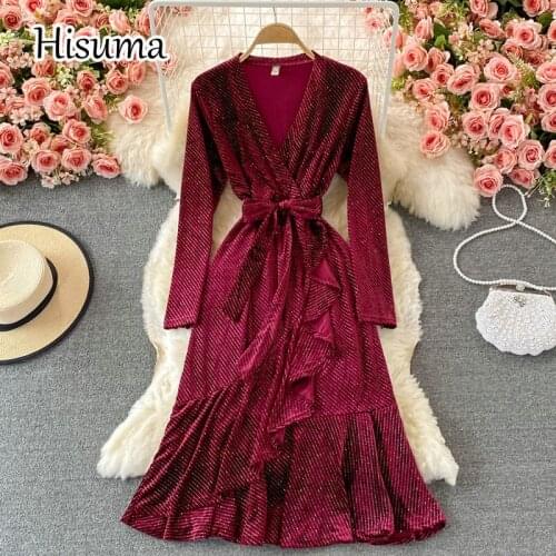2021 autumn new women v-neck sequins lace-up ruffles velvet fishtail dress female Chic elegant waist split party mermaid dresses
