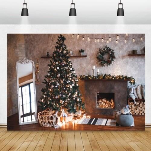 Winter Christmas Interior Photographic Backdrop Tree Gifts Fireplace Mirror Scene XMAS Child Shoot Party Photography Background