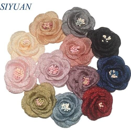 50pcs/lot 2'' Seersucker Rose Flower Vintage Fabric Blossom with Satmen Hairpin Accessories Bridal Wedding Decor TH287