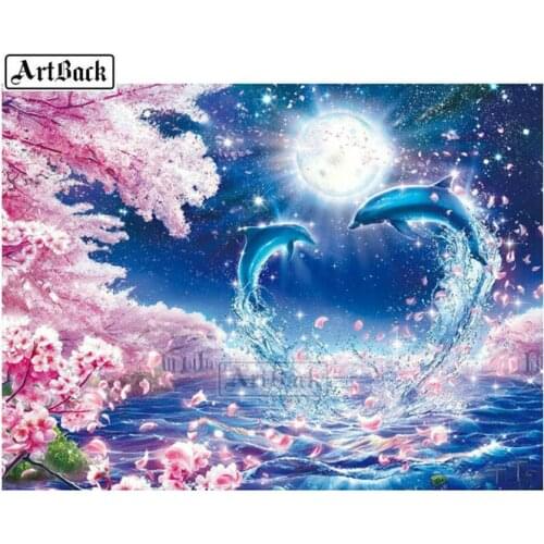 5d diy diamond painting dolphin moon flower full square 3D rhinestone resin mosaic pattern home decoration sticker