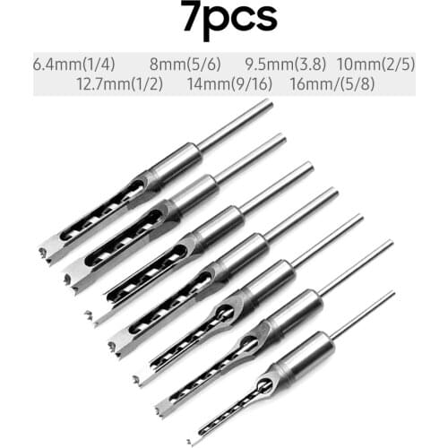 7pcs Square Hole Drill Bit Woodworking Hole Saw Mortising Chisel Steel Drill Bits 1/4 inch,5/16 inch,3/8 inch,2/5 inch,1/2 inch
