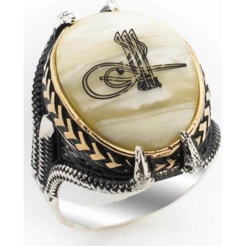 925 Sterling Silver Ring for Men with Mother of Pearl Stone and Ottoman Sign