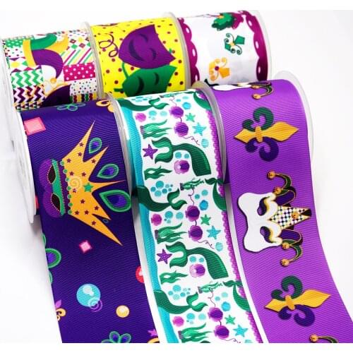 Free shipping 50 yard 3 inch 75 mm Mardi Gras Cartoon Printed Grosgrain Ribbon 3643