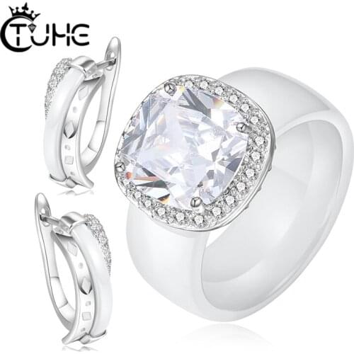 Big Carat Cubic Zircon Rings Earring Ring Bridal Jewelry sets for Women Matrial Ceramic Jewelry Valentines Day Gift