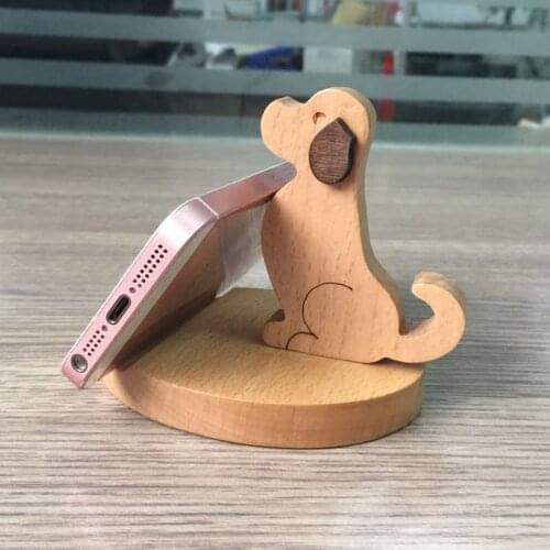 Wood Dog Phone Holder Stand for Samsung Galaxy S21 Ultra A52 A72 Healing Decoration Wooden Desk Mount for Redmi Note 10 Pro