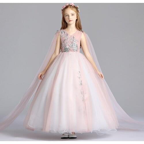 Flower Girl Dress Illusion V-Neck Princess Sleeveless Floor-Length Lace Pleat Pink Tulle Pearls Embroidery Kids Party Gown H154