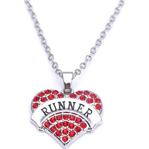 Drop Shipping New Arrival rhodium plated zinc studded with sparkling crystals RUNNER heart pendant chain necklace Hot Selling