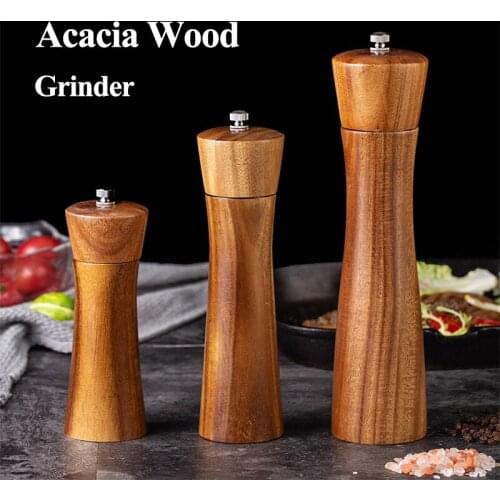 Natural Acacia Wood Salt Pepper Mill Grinder Manual Salt Pepper Shaker Set Seasoning Bottle Pepper Sprayer Kitchen Spice Jar
