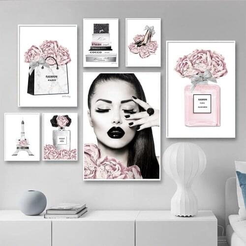 Perfume Bottle Beauty Girl Paintings Lips High Heels Pink Flowe Fashion Lady Canvas Posterr Makeup Modern Wall Prints