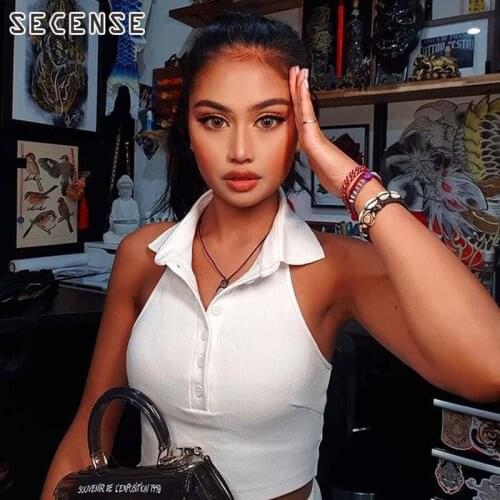 Crop Top Women Halter Polo Shirt Backless White Black Solid Color Fashion Tops Summer Street Wear Basic Of Chic Girls