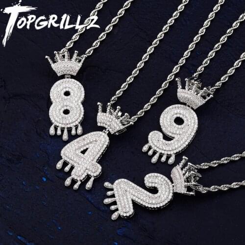 TOPGRILLZ 1-9 Letters Number Crown Drip Pendant&Necklace Gold Silver Color Iced Out Cubic Zircon Hip Hop Jewelry For Men Women