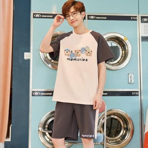 Summer Cotton O-Neck Pajamas Sets For Men Short Sleeve Sleepwear Suit Korean Fashion Patchwork Funny Cartoon Male Nightwear Suit