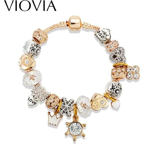 VIOVIA Fashion Beads Jewelry Heart Charm Bracelet Bangle Gold Color Chain DIY Fit Pan Original Beads Bracelets For Women Pulsera